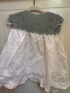 Girls' White Cotton Dress with Sage Knit Yoke